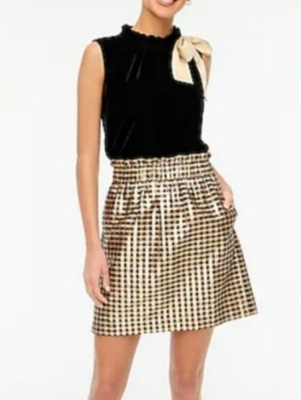 J. Crew metallic gold and black gigham pull on skirt